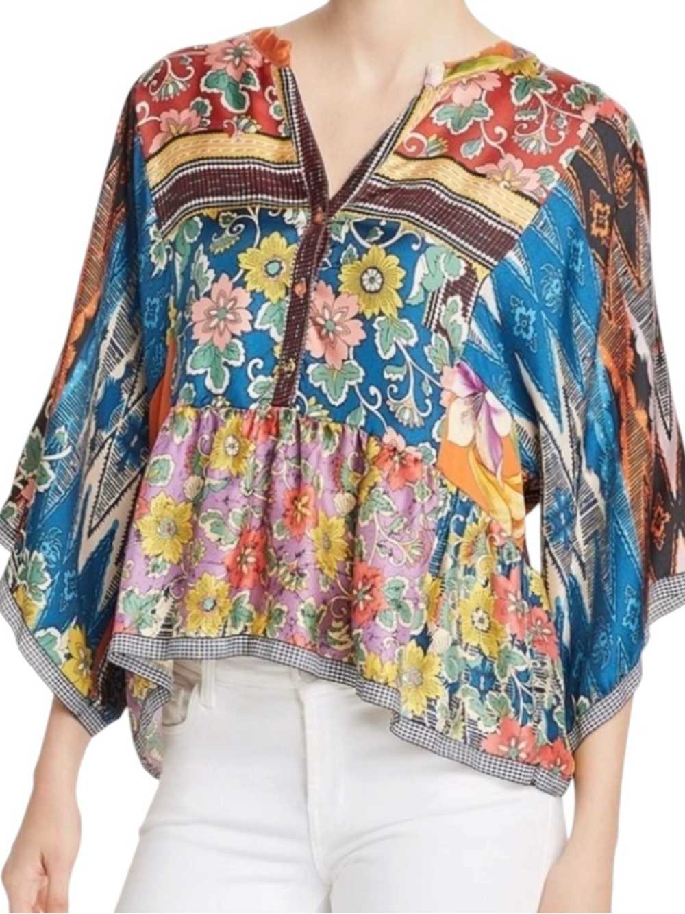 Johnny Was 100% Silk Miranda Mixed Print V-neck Boho Blouse Top Size Medium